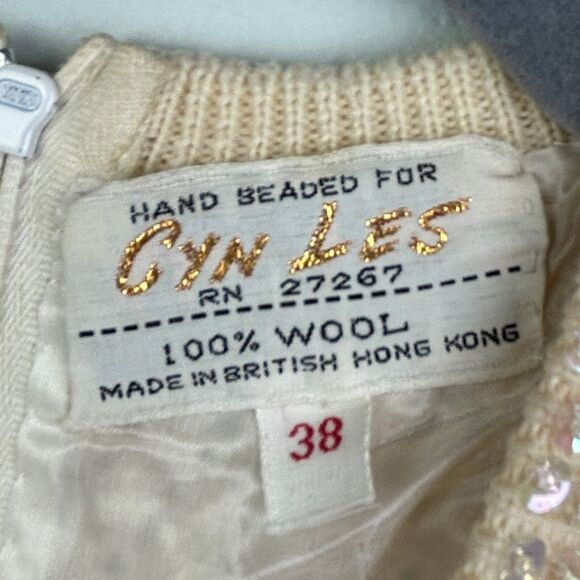 Cyn Les Vintage Hand Beaded 50's 60's Sleeveless Wool Top Pearls Sequins sz 38 S - Picture 11 of 12